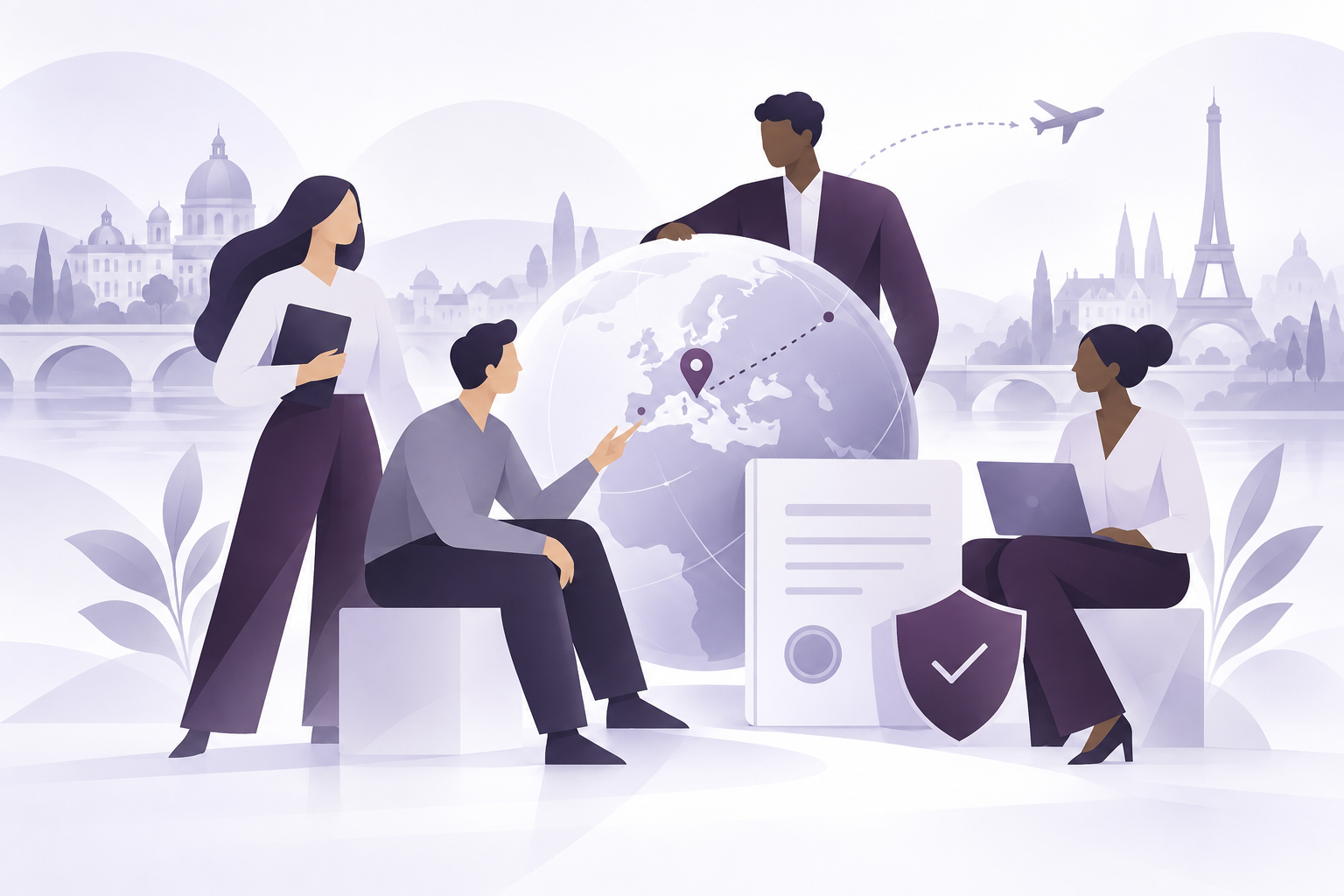 Visa specialists collaborating around a travel globe